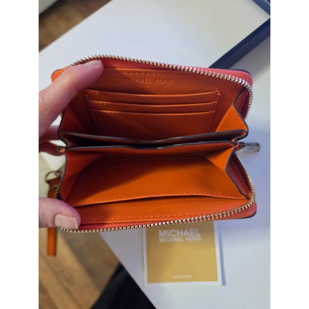 RARE Michael Kors Orange Saffiano Leather Studded Zip Around Wristlet Wallet - Picture 8 of 8